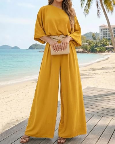 Image of CHICME Women Summer 2 Piece Outfits Off Shoulder Top Flowy Wide Leg Pants Set Vacation Travel Airport Outfits