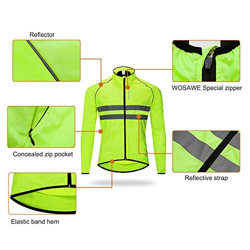 WOSAWE Men's High Visibility Cycling Wind Jacket Water Resistance Reflective Windbreaker, Green XL
