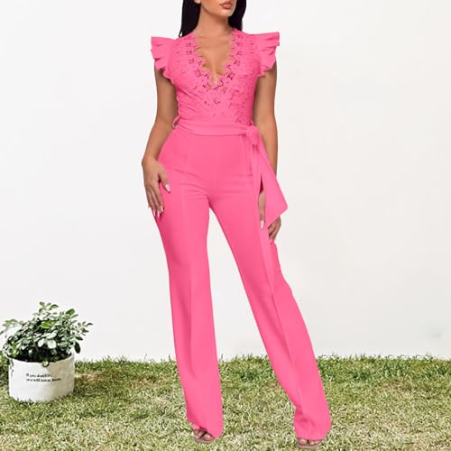 Image of PaladMom Womens Elegant Plus Size Jumpsuits Sexy Back zipper Short Sleeve Mid Waist Wide Leg Straight Rompers