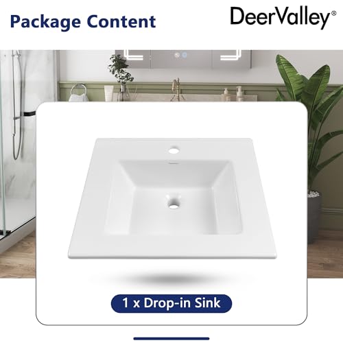DeerValley Rectangle Drop-In Bathroom Sink 21x18 Inch, White Ceramic Vessel with Overflow and Pre-Drilled Faucet Hole
