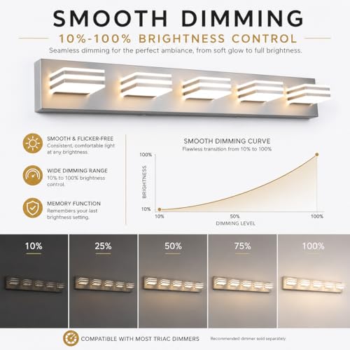 Image of Yumecrelect 5-Light Brushed Nickel Vanity Light Fixture, 34 Inch 40W 5CCT Dimmable LED Bathroom Wall Light with Clear Acrylic Shade, Hardwired Over Mirror Lighting for Master Bath