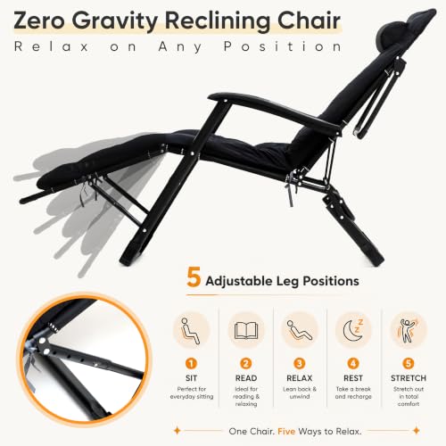 Image of Livzing Zero Gravity Recliner Chair with Removable Cushion & Adjustable Headrest | 5-Position Foldable Lounge Chair | Heavy Duty Steel Frame | Patio, Garden, Balcony, Camping, Beach | Black