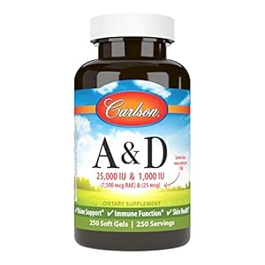 Carlson – A & D, 25000 IU (7500 mcg RAE) & 1000 IU (25 mcg), Vision Support, Immune Function & Skin Health, 250 Softgels