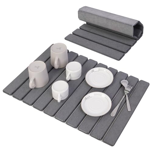 BoxedHome Große Stein-Abtropfmatten für Küchentheke, 60x40cm Wasserabsorbierende Kieselgur Matte Küche, Abtropfmatte Geschirr, Faltbare Spülbeckenmatte Abtropfmatte (Dunkelgrau)