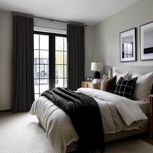 Pinch Pleated Blackout Curtains 84 Inch Long, Linen Blend, 100% Blackout Drapes with 20 Hooks, Ideal for Bedroom and Living Room, 40" W x 84" L (Pack of 2), Black