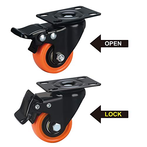 2" Caster Wheels, Casters Set of 4 Heavy Duty - ASRINIEY Orange PU Castors, Top Plate Swivel Wheels, 4-Pack Industrial Casters with Brake, Locking Caster for Furniture and Workbench