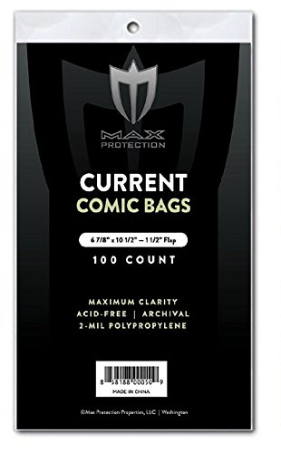 Image of Max Protection Max Pro Current Comic Bags - Archival Quality Acid-Free Storage for Comic Books - Crystal Clear 2 mil Polypropylene - 6-7 /8 inchx10-1 /2 Protection - (300 Bags)