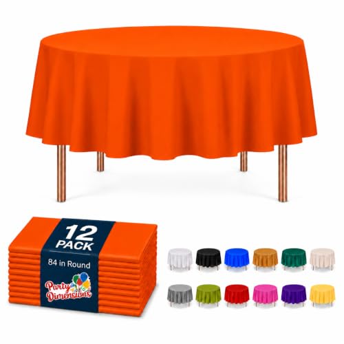 Image of Party Dimensions Orange Tablecloths - Plastic for Round Tables, 84 inch (12 Pack) Premium Disposable Table Covers for Parties & Weddings, Indoors /Outdoors