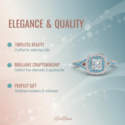 Image of Choose Your Gemstone Delicate Double Halo Diamond CZ Ring Rose Gold Plated Princess Shape Halo Engagement Rings Matching Jewelry Wedding Jewelry Easy to Wear Gifts US Size 4 to 12