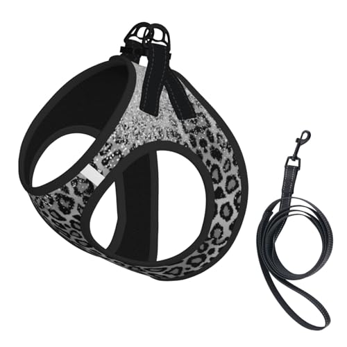 Hundegeschirr und Leine mit grauem Leopardenmuster und Glitzer, zugfrei, reflektierend, verstellbar, weich gepolstert, mit Sicherheitsschnalle für kleine und mittelgroße Hunde und Katzen.
