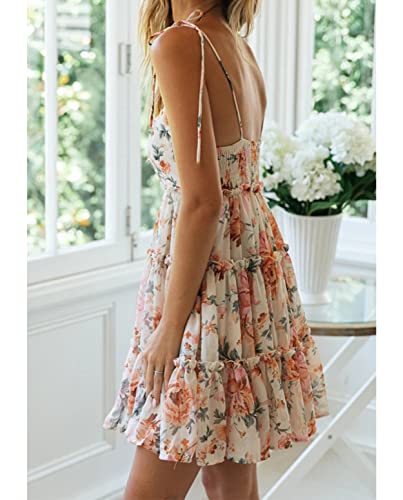 Image of Mansy Womens 2026 Summer Floral Mini Dress Boho Flowy Skater Dresses Short Sleeveless Ruffle Spaghetti Strap Dress