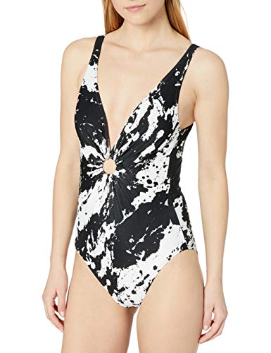 Carmen Marc Valvo Women's V-Neck One Piece Swimsuit with Front Ring Detail, Black, 4