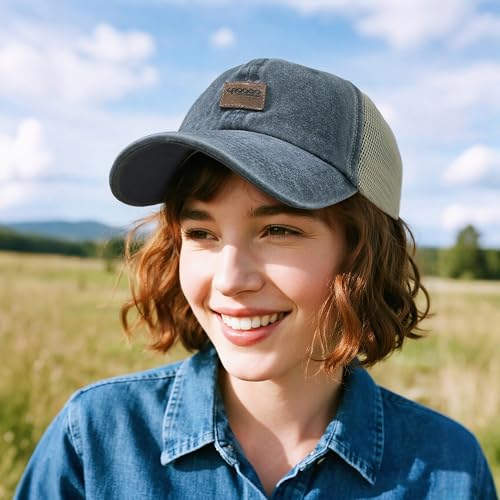 Image of Croogo Leather Patch Mesh Back Cap Washed Cotton Dad Hat | Breathable Material /Adjustable Design /Unstructured Hats /Vintage Wash /Exclusive Products