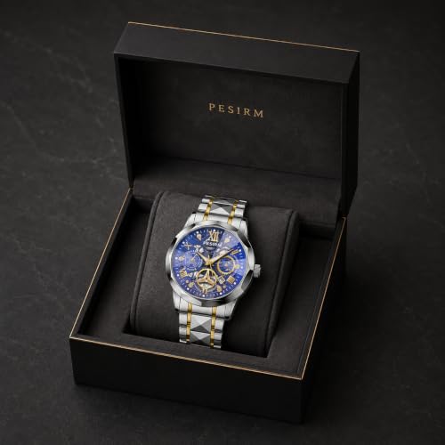 Image of Watch for men,Men's skeletonized quartz watch with black and gold two-tone stainless steel case, analog display, date display, water-resistant, luminous display, men's waterproof quartz watch. (Blue dial, silver strap)