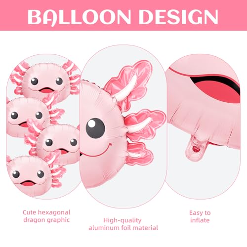 Image of 6 Pcs Axolotl Birthday Decorations, 26.8 inch Axolotl Balloon, Cute Inflatable Aluminum Foil Balloons, Summer Party Decorations, Beach Birthday Party Decorations, Axolotl Party Favors (Pink)