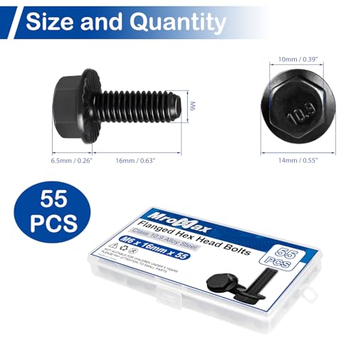 Image of M6-1.0 x 16mm Flanged Hex Head Bolts, 55Pcs Serrated Flange Bolt, Class 10.9 Alloy Steel, Black Oxide, Coarse Thread Fully Threaded, External Flange Hex Drive Screws, DIN6921 /GB5789