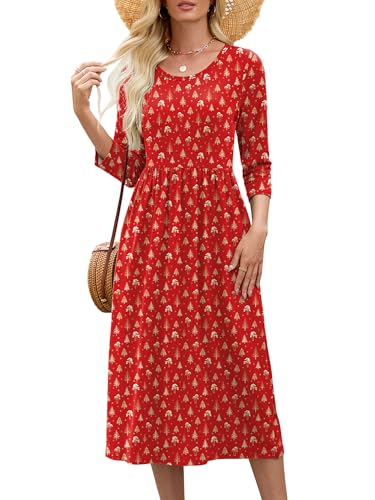 Image of Heymoments Women's Casual 3 /4 Sleeve Midi Dress Crewneck A Line Tiered Flowy Loose Travel Long Dresses with Pockets