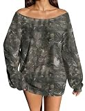 MISSACTIVER Camo Sweatshirt for Women Oversized Fleece Off Shoulder Long Sleeve Maple Leaf Print Pullover Sweater Tops(Small,Camo Green)
