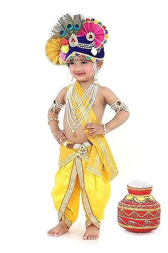 Image of Raj Fancy Dresses Shri Krishna Dress for Baby Boy & Girl, Janmashtmi Dress with Diaper-friendly Dhoti & Dupatta, Mor Pankh Mukut