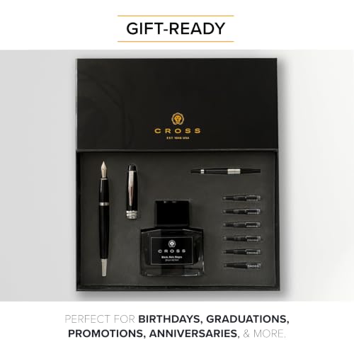 Image of Cross Bailey Refillable Fountain Pen, Medium Nib Gift Set, Includes Fountain Pen, Ink Cartridges, Bottle Ink, Converter, Premium Gift Box - Black
