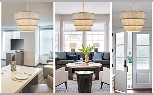 Xininsun 3-Tier Plug In Pendant Light, Hanging Light With 15Ft Hemp Rope Cord, Dimmable Switch, Gray Linen Shade, Hanging Light Fixture For Living Room, Bedroom, Dining Room, 2Pack（Gray） #TOP6