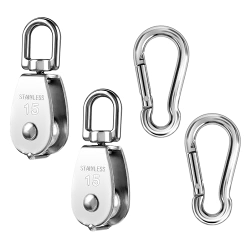Salbsever 576611_2_PMY2NRHT 2 Pack Small Pulleys Rope Pulley M15 Lifting Single Pulley 304 Stainless Steel Pulley Block Wire Rope Crane Pulley Crane Swivel Hook Double Pulley Roller Loading cover