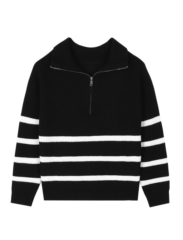 EXARUS Girls Striped/Solid Sweaters Relaxed Fit Kids Quarter Zip Casual Warm Long Sleeve Knit Tops Teen 6-12Y