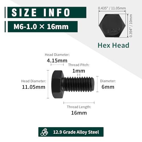 Image of M6-1.0 x 16mm Hex Bolts, 12.9 Grade Alloy Steel, Black Oxide Finish, Full Thread, Coarse Thread UNC, Hexagon Head Bolts 25 PCS