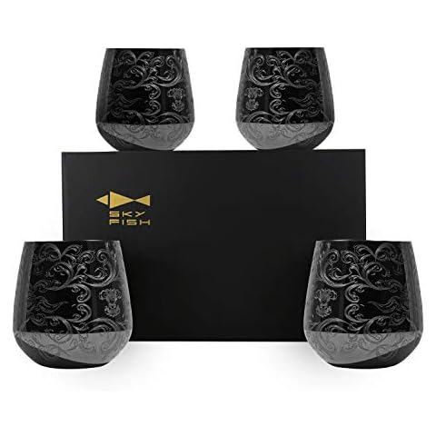 Sky Fish Stemless Stainless Steel Etching Wine Glasses,18 oz Black Plated,Set Of 4 Cover