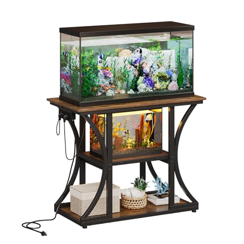 Welfuturer 50 Gallon Aquarium Stand with Power Outlets Fish Tank Stand with 3-Tier Storage Shelves Display Stand for Turtle Tank Shelves Metal Frame Stand for Living Room Office Entryway,Brown