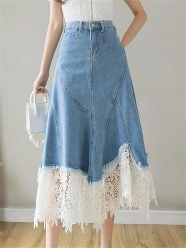 Women Patchwork Lace Skirt Hollow Out Jean High Waist Skirt Zipper Midi Denim Skirt2