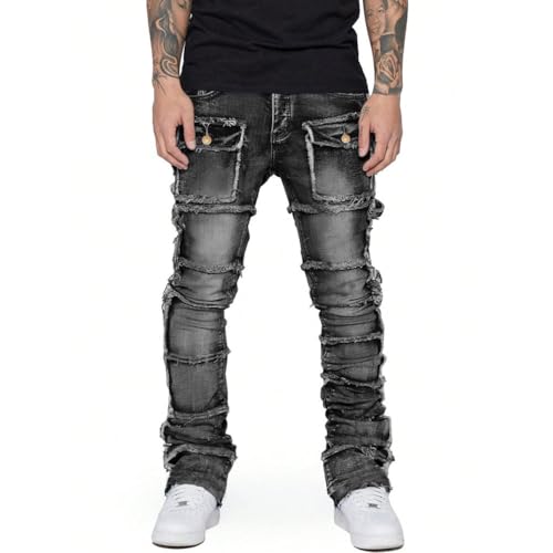 Mens Stacked Jeans Slim Fit Ripped Distressed Straight Leg Denim Pants with Multi Pockets