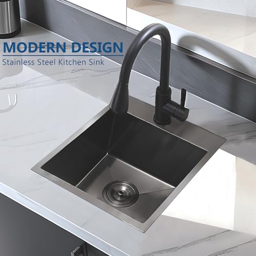 Image of 18x18 Inch Black Bar Sink Drop In, Gunmetal Black 16 Gauge Stainless Steel Small Prep Sink, Topmount Single Bowl 9 Deep RV Utility Kitchen Sinks with Drain