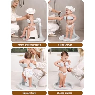 Adjustable Baby Shower Stand, Baby Bath Stand, Baby Shower Standing Support with Adjustable Height and Safety Handle, Foldable and Compact Baby Bathtub with Stand for Baby 6-36 Months (Grey