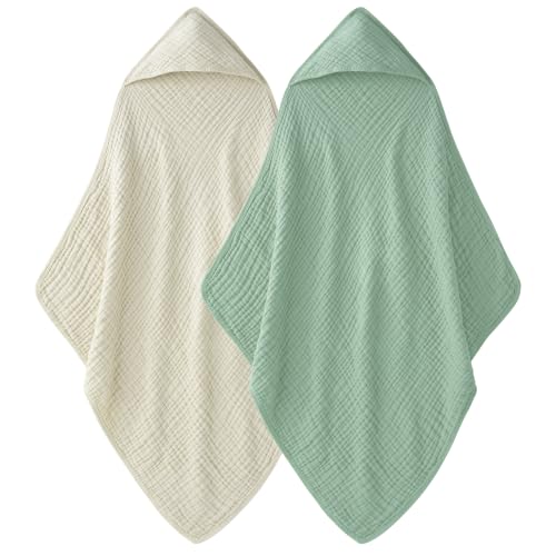 Image of Unnivoll Hooded Baby Towels for Newborn - 2 Pack, 100% Muslin Cotton, Baby Bath Towels with Hood, Soft and Absorbent for Boys, Girls Infant, Toddler and Kids, Large 32x32 Inches, Newborn Essential