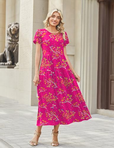 Image of Zeagoo Summer Dresses for Women 2026 Maxi Bohemian Floral Short Sleeve Long Dress Casual Flowy Tired Beach Sundress