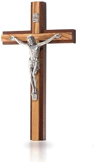 Crucifijo de pared moderna Mahahoni, de madera de olivo, cuerpo de metal plateado, 20 cm, cruz de madera