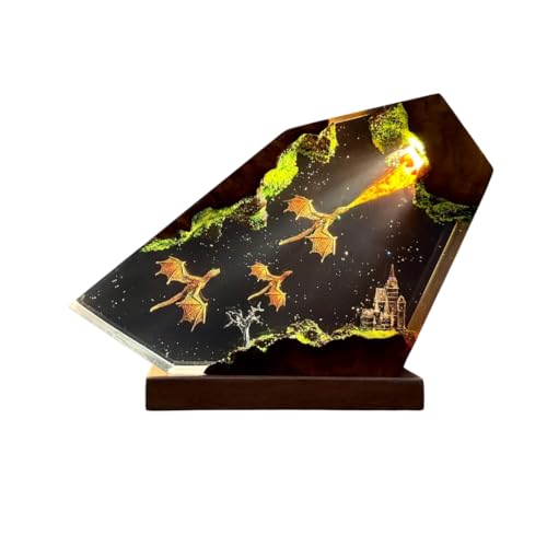 Handmade Dragon Resin Lamp, Fire Epoxy Art Light, Table Lamp, Wooden Resin Night Light, Unique Fantasy Home Decor & Gift (S (15x12) cm)