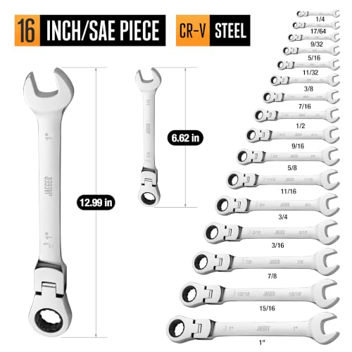 Image of Jaeger 16pc IN /SAE Flex Head Ratcheting Wrench Set, Lock-In Rack, 12-Pt