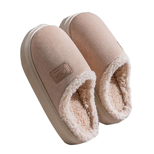 oelaio Clearance of Sales Men And Women Cotton Slippers Fall And Winter At Home Lovers Household Keep Warm Non-slip Plush Beige