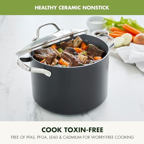 GreenPan Valencia Pro Hard Anodized Healthy Ceramic Nonstick 8QT Stock Pot with Lid, PFAS-Free, Induction, Dishwasher Safe, Oven Safe, Gray