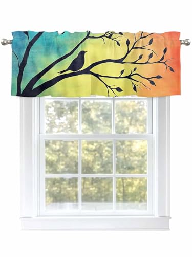 Dexnympq カフェカーテン 小窓用 水彩画 グラデーション 木 風景 鳥 シルエット カーテン おしゃれ 遮像 UVカット 遮熱 目隠し透けにくい ロッドポケット式 洗える キッチン 浴室 トレイ 子供部屋 喫茶店 洗面所 店舗飾り 軽量 1枚入り