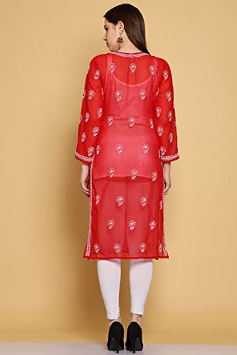 Image of Ada Lucknow Chikankari Hand Embroidered Faux Georgette Kurta Kurti Tunic Dress for Women A95504
