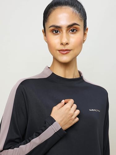 Image of TECHNOSPORT Womens Polyester Crew Neck Slim Fit Color Blocked Crop Sweatshirt Quick Dry & Antimicrobial