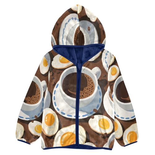 Coffee and Eggs Pattern Print Toddler Fleece Jacket Girl Boys Hooded Fleece Jacket Coat Warm Outwear Zip-up 3-10T