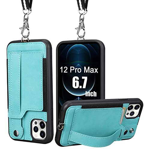 Toovren Iphone 12 Pro Max Case Wallet, Iphone 12 Pro Max Lanyard Case With Leather Card Holder Kickstand Neck Strap Adjustable Necklace Protective Cases Cover For Apple Iphone 12 Pro Max 6.7" 5G Green #TOP29
