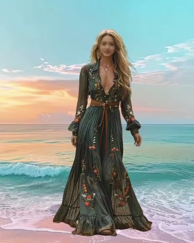 Women's Vintage Pastoral Flower Sexy V-Neck Long Sleeve Western Long Dress, Womens Floral Ruffle Flowy Maxi Dresses3