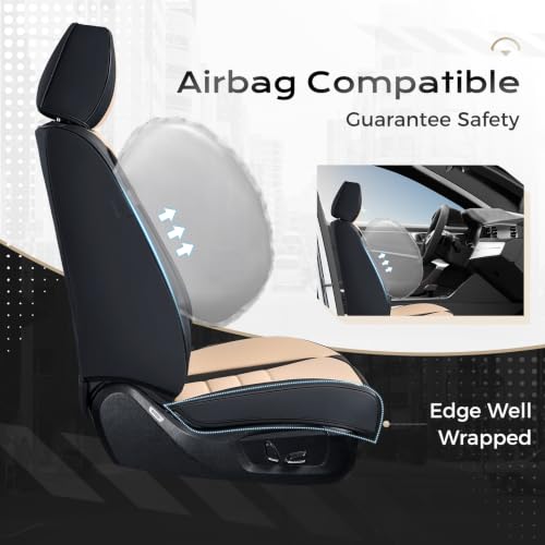 Image of Coverado Car Seat Covers Full Set, Nappa Leather Seat Covers for Cars, Car Seat Protector Car Seat Cushion, Front and Back Seat Protectors Cushions Universal Fit for Most Cars Vehicles(Black&Beige)