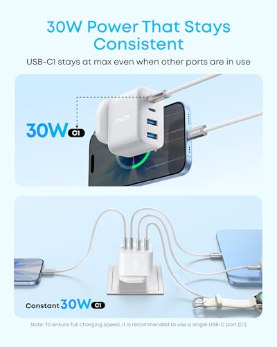 Anker Zolo USB C Charger Block, 4-Port Wall Adapter with 50W Max Output, 2 USB-C and 2 USB-A, Compact and Stable, For iPhone 17/16 Series, iPad, Galaxy, and More (White, Cable Not Included)