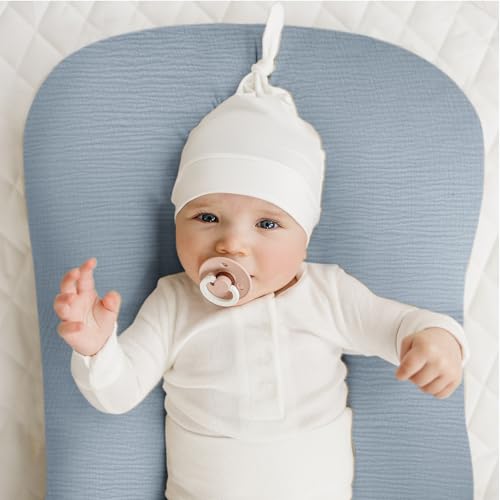 Image of Konssy Muslin Baby Lounger Cover 2 Pack, 100% Cotton Newborn Lounger Cover, Soft and Breathable Baby Nest Slipcover for Boys Girls (Star,Blue)